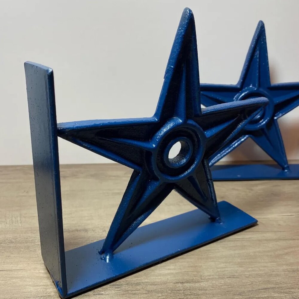 Vintage Cast Iron Texas Lone Star Bookends Blue Painted Metal Bookshelf Decor